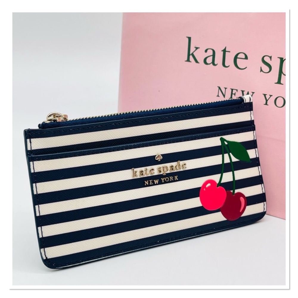 kate spade Navy & White Striped Cherry 🍒 slim wallet